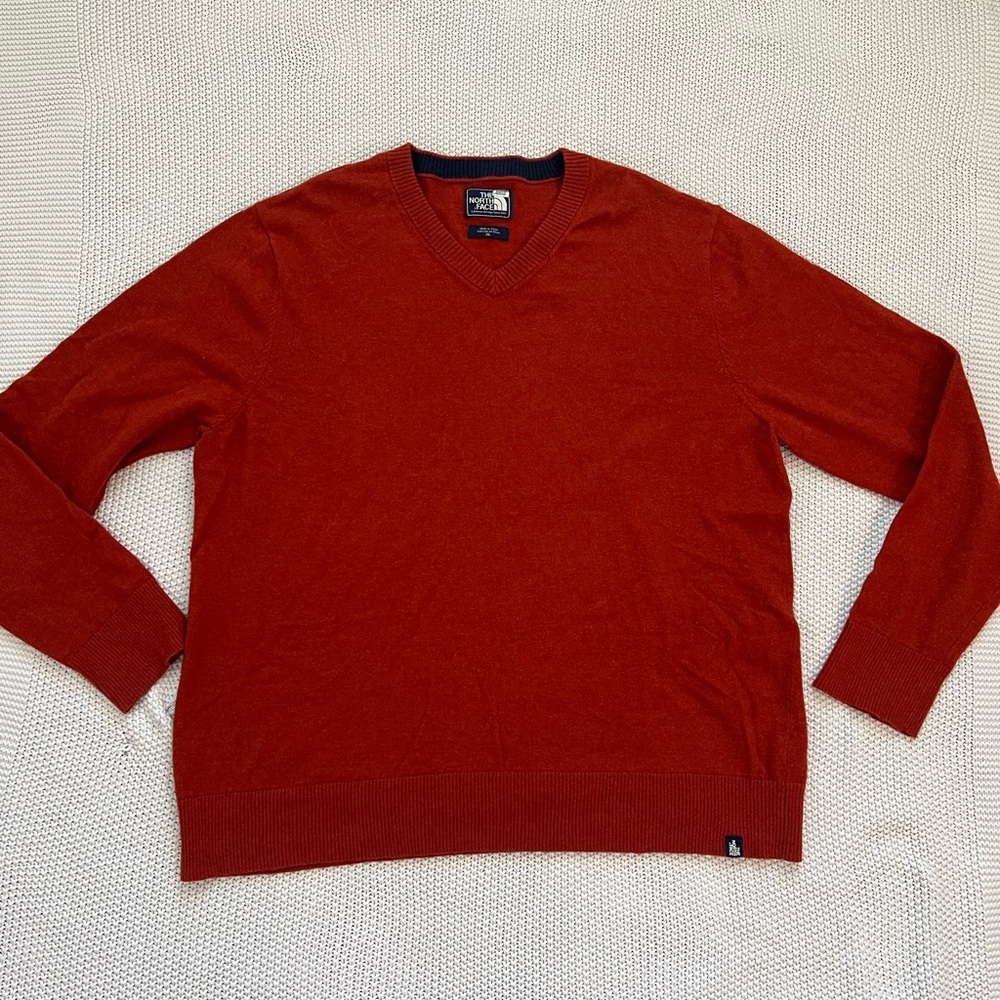 The North Face Mens SZ XL V- Neck Wool Cotton Blend Pullover Sweater BurntOrange
